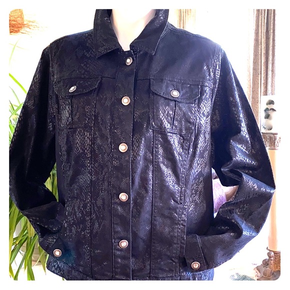 printed black denim jacket